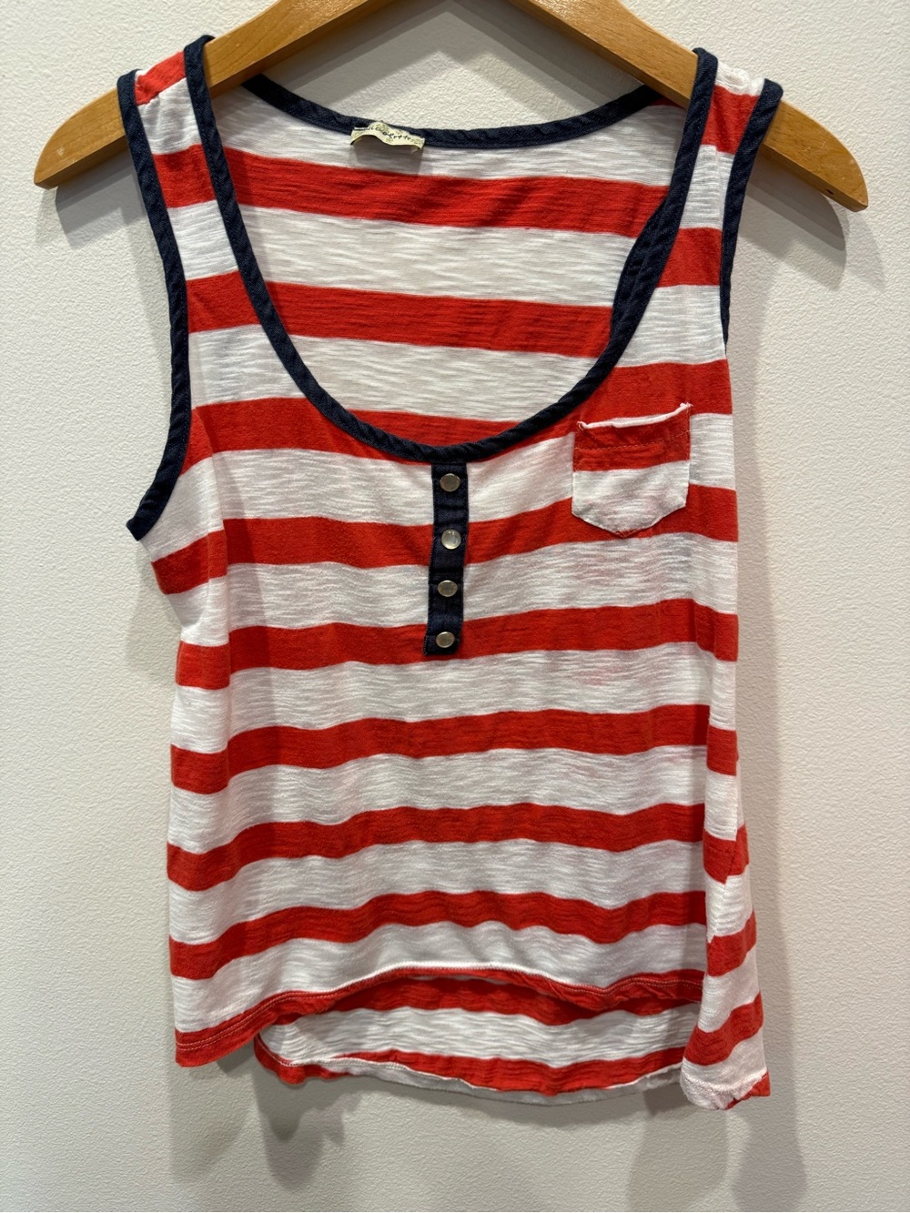 Striped Red & White Tank Top with Navy Trim - Women's Casual Scoop Neck